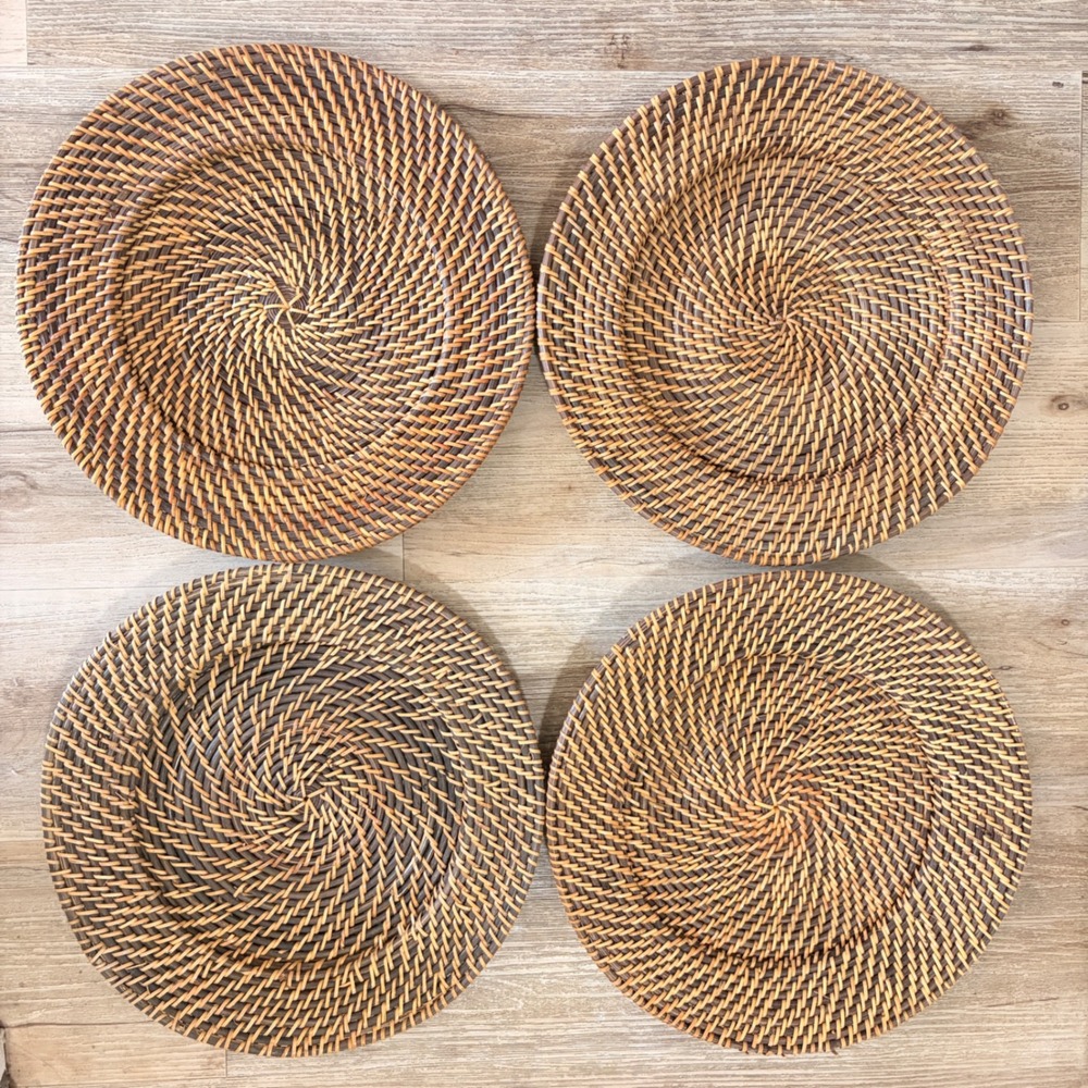 Set of 4 Round Woven Rattan Charger Plates 13" Brown Boho Table Mats MCM - Picture 6 of 15
